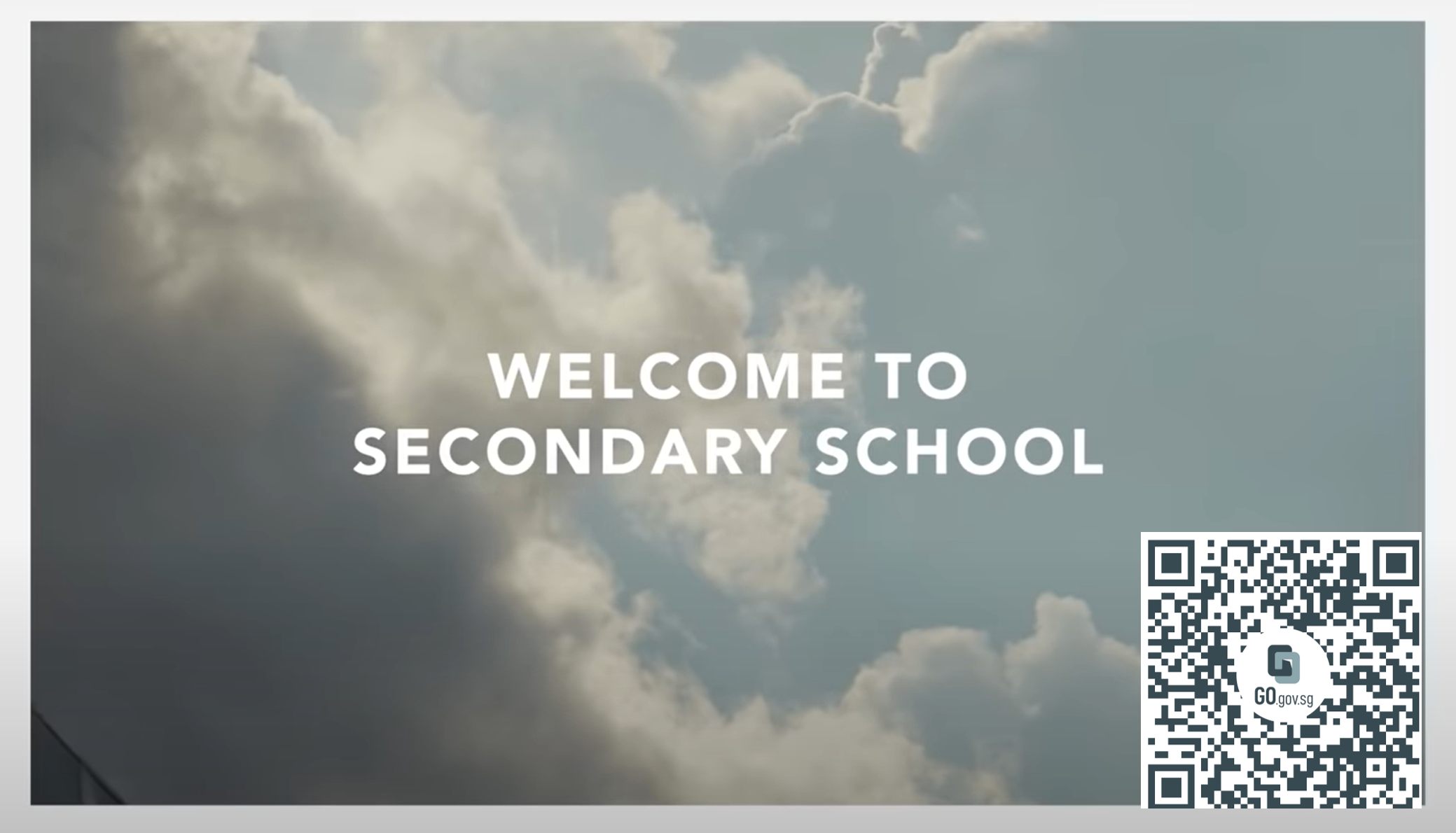 Cloudy sky background with white bold text reading Welcome to Secondary School and a QR code in the corner.